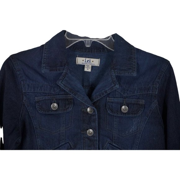 l.e.i. Cropped Jean Jacket Distressed Juniors Size M Indigo Blue Stretch Denim - Picture 5 of 10